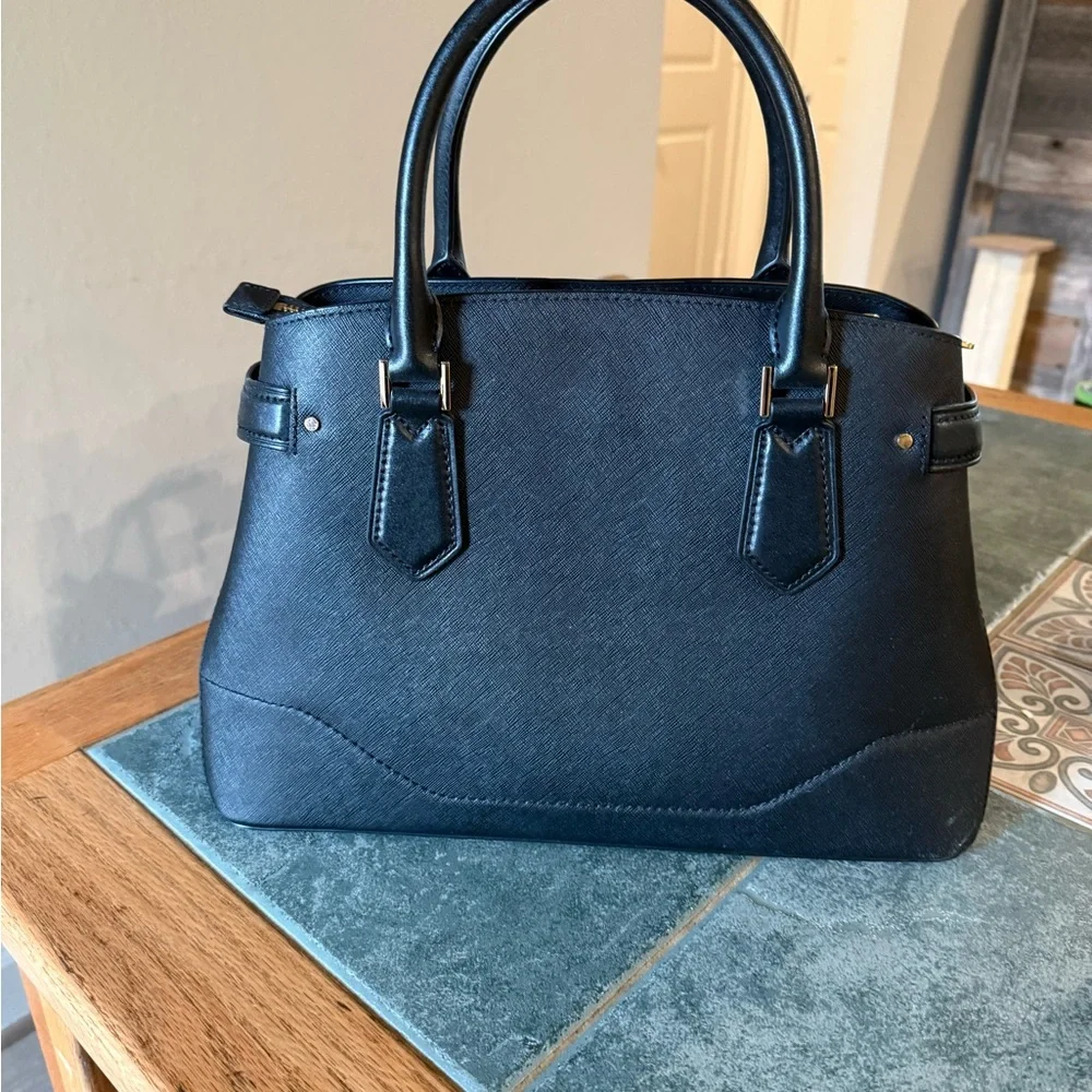 Michael Kors Black Saffiano Structured Leather Satchel with Gold Hardware